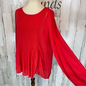 Express Light Red Smock Front Long Sleeve Peasant Boho Shirt Top Blouse Size L